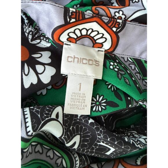 Chico's Women's Paisley Print Tunic Silk Blouse Emerald Green Size M + SCARF - Picture 2 of 14